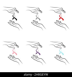 Set di mani donna che tengono il nastro di consapevolezza contorno semplice minimalista gesto stile lineare. Illustrazione vettoriale delle mani femminili per creare loghi, po Illustrazione Vettoriale
