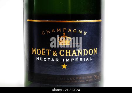 Bottiglia di champagne Moet and Chandon Brut Nectar Imperial, etichetta vino frizzante Foto Stock