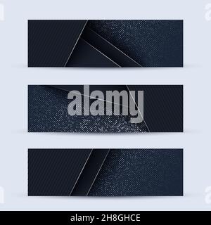 Set di tre striscioni geometrici astratti con strati di carta neri. Elemento grafico di design. Trama argento glitter su sfondo nero. Scheda vettoriale di Illustrazione Vettoriale