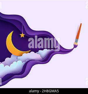 Cielo notturno in stile carta tagliata. Cut out 3d sfondo con viola e blu gradiente nuvoloso paesaggio con stella su corda e luna papercut art. Vector Illustrazione Vettoriale