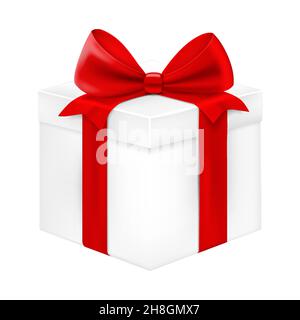 Confezione regalo bianca con nastro rosso e arco, presente isolato su sfondo bianco. Illustrazione vettoriale 3d realistica Illustrazione Vettoriale