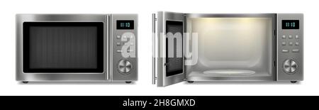 Forno a microonde realistico su sfondo bianco. Forno a microonde in acciaio inox aperto e chiuso. Elettrodomestici e cucina. Home Illustrazione Vettoriale
