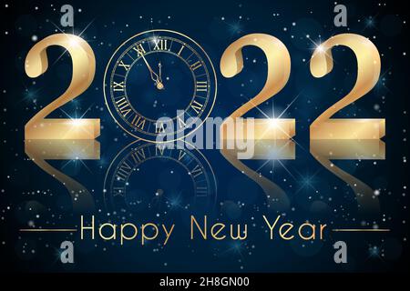 Felice anno nuovo 2022 - Capodanno, sfondo splendente con orologi d'oro e glitter.Creative. Sfondo nero. Notebook smartphone, stelle. Neve futuristica Illustrazione Vettoriale