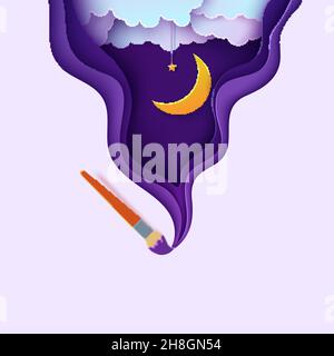 Cielo notturno in stile carta tagliata. Cut out 3d sfondo con viola e blu gradiente nuvoloso paesaggio con stella su corda e luna papercut art. Vector Illustrazione Vettoriale