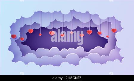 Valentine cut out 3d background with violet blue gradient paesaggio nuvoloso papercut art. Notte cielo nuvole cornice rettangolare con cuori su corda in Illustrazione Vettoriale