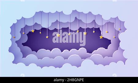 Notte cielo nuvole cornice rettangolare con stelle su corda in carta taglio stile. Ritagliare lo sfondo 3d con il blu violetto sfumatura paesaggio nuvoloso papercut Illustrazione Vettoriale