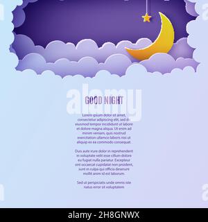 Notte cielo nuvole cornice rettangolare con stella su corda e luna in carta taglio stile. Ritagliare lo sfondo 3d con paesaggio crescent e nuvoloso papercut Illustrazione Vettoriale