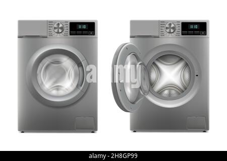 Moderna lavatrice con porta aperta e porta chiusa, vista frontale. Modello di disegno di Wacher. Vista frontale, concetto di lavanderia. iluss vettoriale 3D realistico Illustrazione Vettoriale