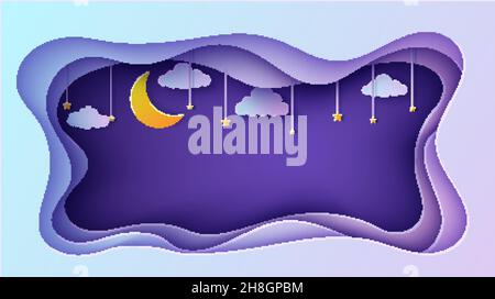 Cornice rettangolare del cielo notturno con stelle e nuvole su corda e luna crescent in stile carta tagliata. Cut out 3d background papercut art, fairy racconto vettoriale Illustrazione Vettoriale