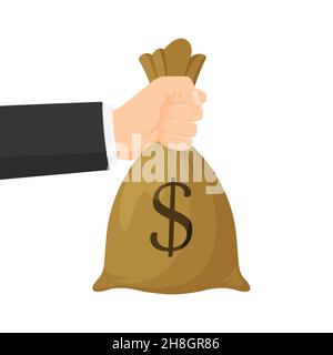 Mano che tiene il sacchetto dei soldi dei dollari. Concetto aziendale, illustrazione vettoriale in stile piatto Illustrazione Vettoriale