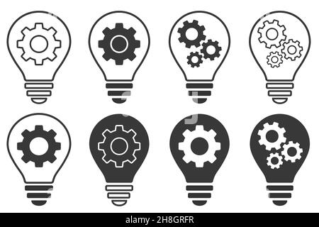 Set di lampadine con segnale dentato o a ingranaggi. Icona del contorno dell'idea. Icona dell'innovazione in stile piatto. Idea di business concept. Icona contorno vettore Illustrazione Vettoriale