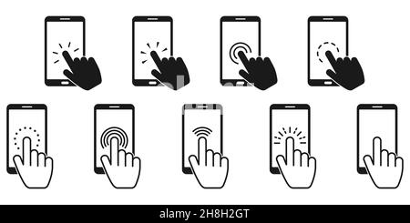 Icona dello smartphone con schermo a sfioramento manuale. Schermo dello smartphone con un dito che fa clic su di esso. Vettore icona cursore. Vettore puntatore manuale Illustrazione Vettoriale