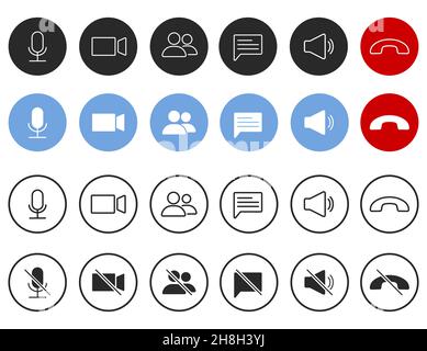 Set di icone videochiamate. Videoconferenza. Raccolta di pulsanti di app di chat video on-line, internet talk, tecnologia di chiamata. Modello di visualizzazione dell'interfaccia utente dell'applicazione Web. Illustrazione Vettoriale