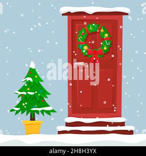 Porta rossa di Natale con corona, neve e abete. Illustrazione vettoriale di stile piatto. Illustrazione Vettoriale