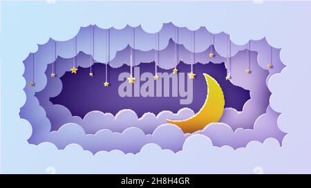 Notte cielo nuvole cornice rettangolare con stelle su corda e luna in stile carta taglio. Ritagliare lo sfondo 3d con paesaggio crescent e nuvoloso papercut Illustrazione Vettoriale