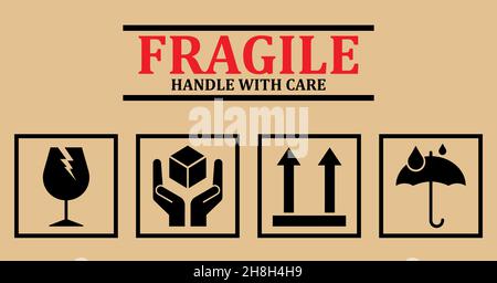 Icone fragili. Set di simboli di imballaggio: Questo lato verso l'alto, maneggiare con cura, fragile, mantenere asciutto Illustrazione Vettoriale