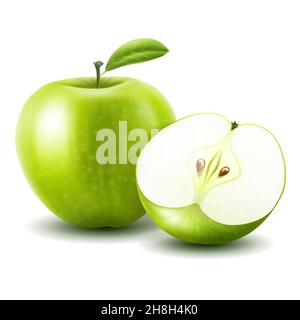 Mele. Vettore mela intera e metà di mela isolato su sfondo bianco Illustrazione Vettoriale
