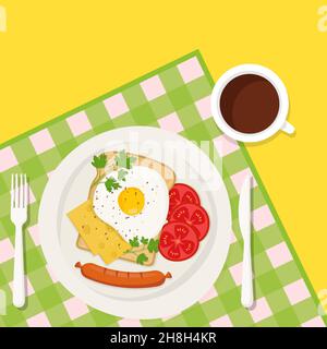Colazione: Una tazza di caffè, uova strapazzate con formaggio, salsicce e fette di pomodoro, fette di pane tostate. Illustrazione vettoriale sullo sfondo di un Illustrazione Vettoriale