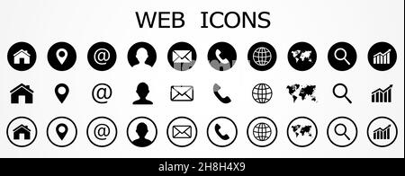 Serie di icone Web. Contattaci icone, set di icone del sito web, vettore. Simbolo di comunicazione. Illustrazione Vettoriale