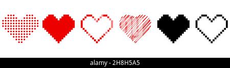 Set di icone cuori. Stile e forma diversi. Cuori di pixel in stile retrò. Icone vettoriali isolate. Pulsante Web Illustrazione Vettoriale