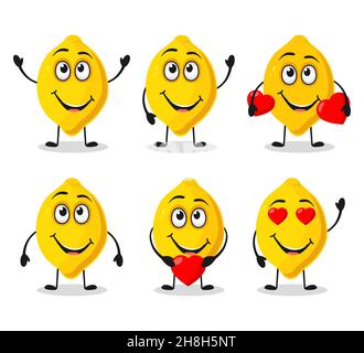 Simpatico e divertente personaggio di limone che tiene un cuore . Set icone limone . Cartolina per il giorno di San Valentino. Illustrazione vettoriale su sfondo bianco Illustrazione Vettoriale