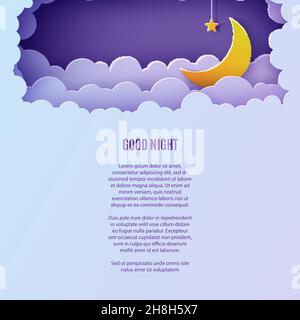 Notte cielo nuvole cornice rettangolare con stella su corda e luna in carta taglio stile. Ritagliare lo sfondo 3d con paesaggio crescent e nuvoloso papercut Illustrazione Vettoriale