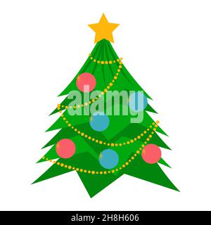 Decorato Capodanno o albero di Natale. Albero di Natale verde con giocattoli, ghirlanda e stella isolato su sfondo bianco. Cartoon albero di vacanza. Vettore Illustrazione Vettoriale