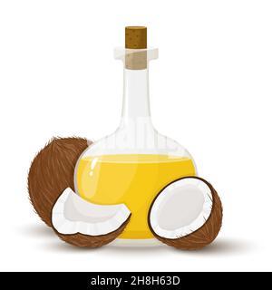 Olio di cocco in bottiglia di vetro. Noci di cocco intere e rotte. Vettore di illustrazione piatta isolato su sfondo bianco. Prodotto sano biologico. P. Cosmetica Illustrazione Vettoriale