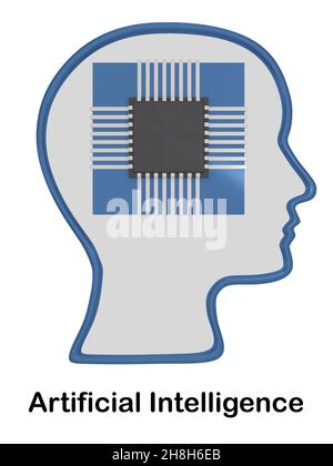 Illustrazione 3D della sagoma della testa contenente un microchip, con il testo intelligenza artificiale. Foto Stock