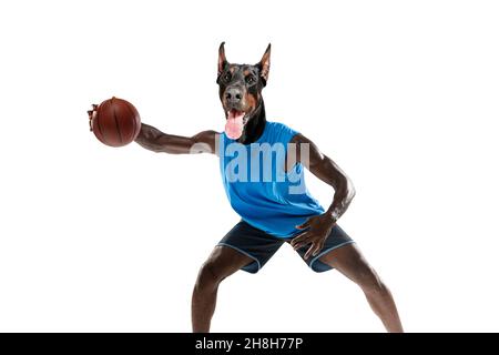 Opere d'arte contemporanea, collage concettuale. Giovane uomo, giocatore di basket professionista guidato da testa di cane. Surrealismo Foto Stock