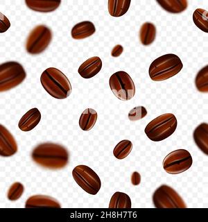 Sfondo di chicchi di caffè volanti. Chicchi di caffè senza cuciture realistiche e brillanti con effetto sfocato. illustrazione realistica 3d. Sfondo trasparente. V Illustrazione Vettoriale