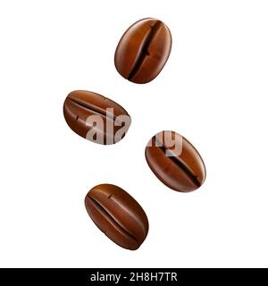 Chicchi di caffè isolati su sfondo bianco. Illustrazione 3D vettoriale realistica Illustrazione Vettoriale