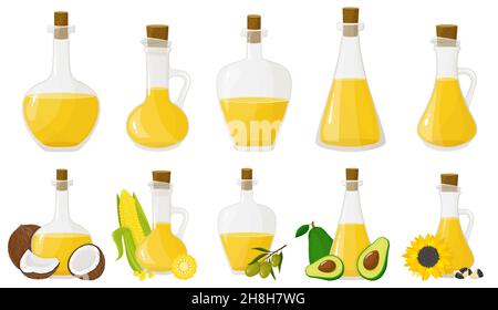 Un set di bottiglie di vetro con oli diversi. Olio di oliva, girasole, mais, cocco e avocado. Design piatto, vettoriale Illustrazione Vettoriale