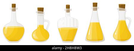 Set di olio in bottiglie di vetro isolate su bianco. Illustrazione vettoriale in stile piatto. Olio biologico vergine sano prodotto. Olio di semi. Illustrazione Vettoriale