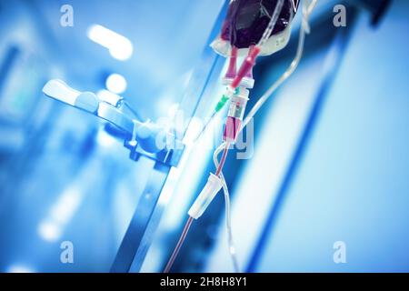 Sistema per trasfusione di sangue appeso all'asta di ferro pronto per l'uso nella sala dell'ospedale. Foto Stock