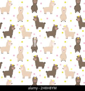 Llama modello senza cuciture con corona e stelle Illustrazione Vettoriale
