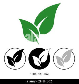 Icona foglia naturale. logo naturale al 100%. Simbolo del prodotto organico. Design naturale con icona a foglia verde. Illustrazione vettoriale. Illustrazione Vettoriale