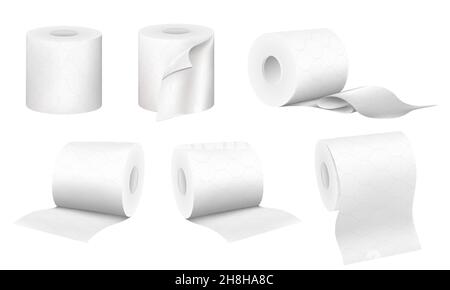 Set di rotoli di carta igienica realistici isolati su sfondo bianco. Collezione di assorbente igienico morbido testurizzato in diverse angolazioni e posizioni, illus 3D Illustrazione Vettoriale