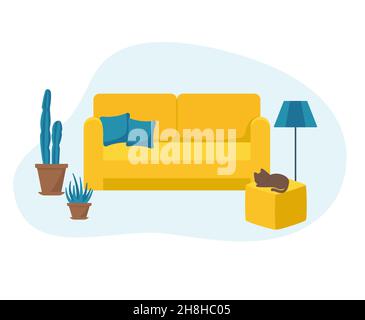 illustrazione vettoriale divano, pouf e fiori stile piatto eps 10 Illustrazione Vettoriale