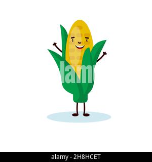Illustrazione piatta vettoriale di corn cartoon allegro isolato su sfondo bianco Illustrazione Vettoriale