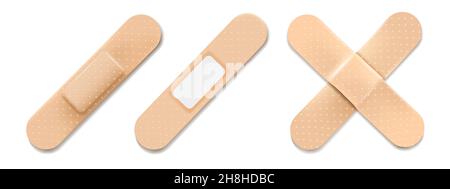 Set di vettori adesivi per cerotti medici elastici per bendaggio. Illustrazione di cerotto medico, cerotto elastico Illustrazione Vettoriale