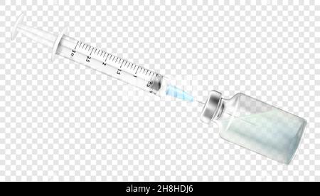 Siringa medica con un ago in un flaconcino con un vaccino per l'iniezione ipodermica, con siero anti-Covid-19. Iniezioni, vaccino e siringa monouso. Illustrazione Vettoriale