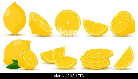 Set di limoni. Un limone intero, mezzo, un pezzo e una fetta di limone. Frutta isolata su sfondo bianco. Illustrazione vettoriale in stile cartoon, fl Illustrazione Vettoriale
