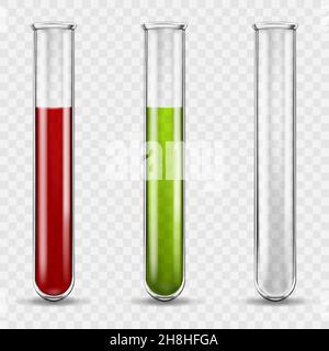 Set di provette in vetro per uso medico trasparente, liquidi colorati in provette, sangue in provette in vetro. Illustrazione vettoriale 3d realistica su backgro trasparente Illustrazione Vettoriale