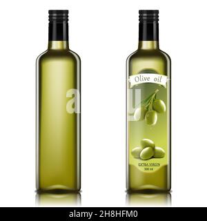Bottiglie in vetro con olio d'oliva spruzzato. Progettazione di modelli realistici 3D vettoriali. Illustrazione Vettoriale