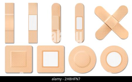 set di cerotto elastico per uso medico o cerotto adesivo. Cerotti isolati su sfondo bianco. Cerotto per ferite o cerotto con bendaggio, realistico su bac bianco Illustrazione Vettoriale