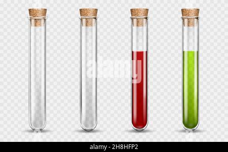 Set di provette in vetro medicale trasparente, liquidi colorati in provetta con tappi, sangue in provetta in vetro. Illustrazione vettoriale 3d realistica su trasparente Illustrazione Vettoriale