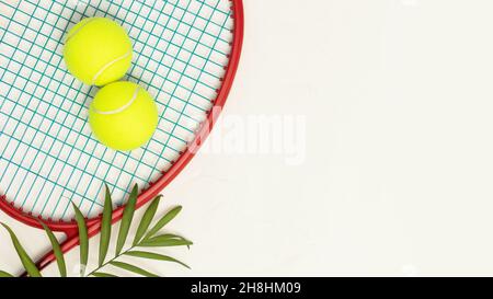 Tennis. Composizione sportiva con palline da tennis gialle su racchetta con foglia di palma su sfondo bianco con spazio di riproduzione. Sport e stile di vita sano. Il Foto Stock