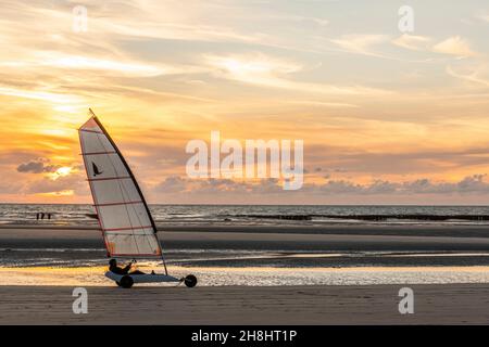 Francia, Somme, Quend-Plage, quando il vento è giusto e la bassa marea scopre la spiaggia, la scuola chars-à-voile porta molti apprendisti alla foce della baia di Somme Foto Stock