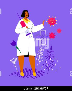 Medico con siringa - disegno colorato di stile piatto. Medico in cappotto bianco con medicina nelle sue mani. Combattere i virus, vaccinazione, pr Illustrazione Vettoriale